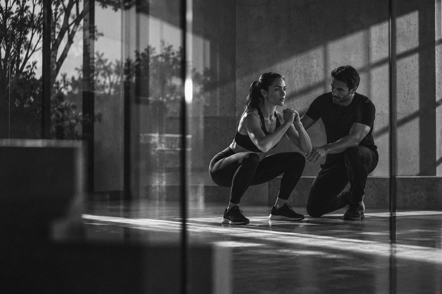 Coach corrigiendo la técnica de sentadilla de una alumna, en blanco y negro