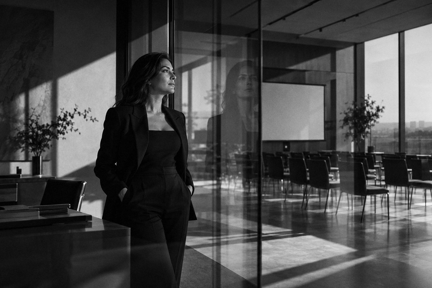 Directora de un estudio de entrenamiento tras una pared de vidrio, en blanco y negro